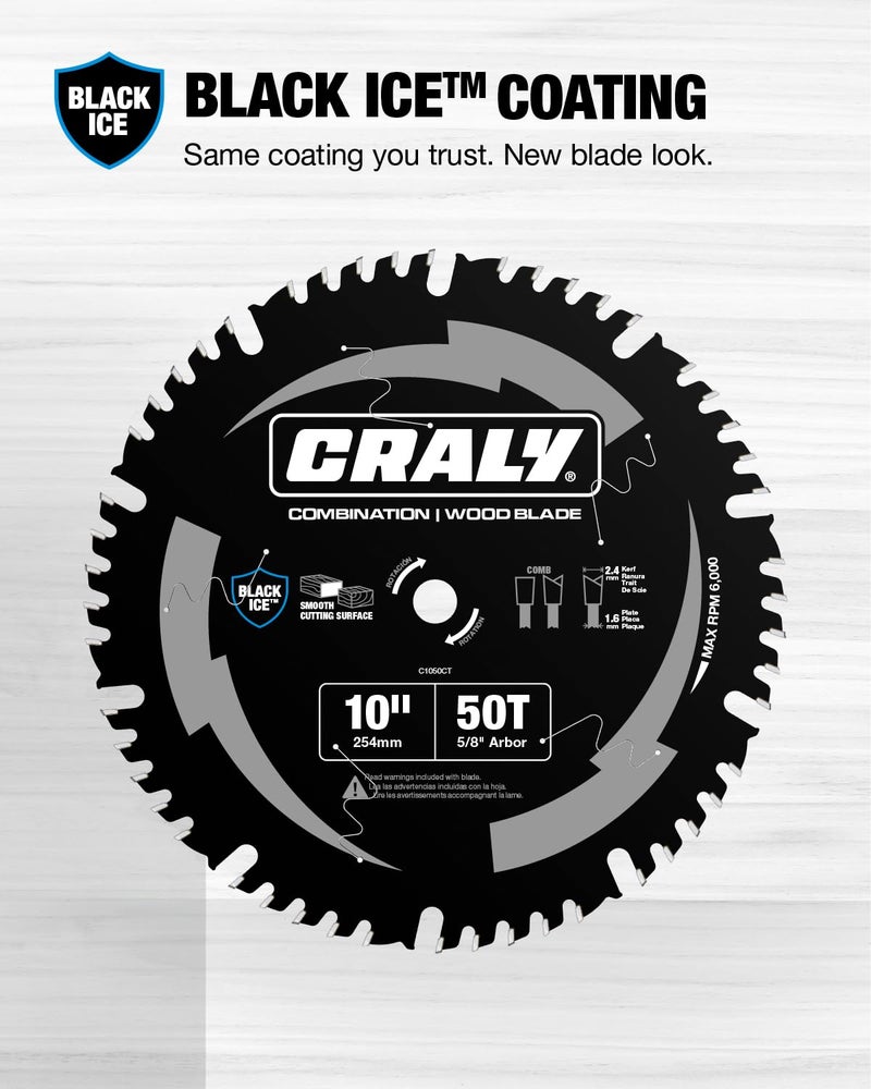 CRALY 10 Inch 50 Teeth Combination Saw Blade, 5/8 Inch Arbor Carbide Tipped Circular Saw Blade, Thin Kerf, Black Ice Coating, for Cutting Wood & Wood Composites with Table Saw, Miter Saw(C1050CT) - Image 2